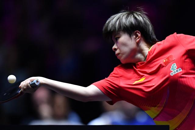 (251102) -- MONTPELLIER, Nov. 2, 2025 (Xinhua) -- Wang Yidi of China hits a return during the women's singles semifinal against Joo Cheonhui of South Korea at the WTT Champions Montpellier 2025 in Montpellier, France, on Nov. 2, 2025. (Xinhua/Lian Yi)