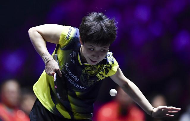 (251102) -- MONTPELLIER, Nov. 2, 2025 (Xinhua) -- Joo Cheonhui of South Korea serves during the women's singles semifinal against Wang Yidi of China at the WTT Champions Montpellier 2025 in Montpellier, France, on Nov. 2, 2025. (Xinhua/Lian Yi)