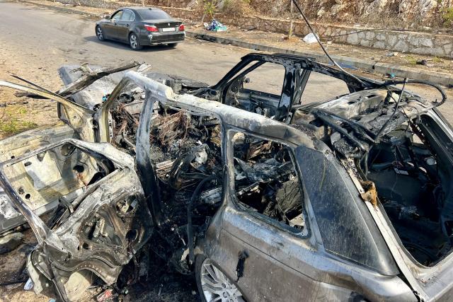 (251103) -- BEIRUT, Nov. 3, 2025 (Xinhua) -- This photo shows the wreckage of a car bombed by an Israeli drone in Kfar Roummane, southern Lebanon, Nov. 2, 2025.
  Four people were killed and three others injured on Saturday night in an Israeli airstrike on the southern Lebanese village of Kfar Roummane, the country's Public Health Emergency Operations Center reported.
  According to the National News Agency (NNA), an Israeli drone carried out the airstrike at around 10:20 p.m. local time (2020 GMT) on Saturday, targeting a four-wheel-drive vehicle with a guided missile on the Doha-Kfar Roummane road, on the eastern outskirts of the village. (Photo by Ali Hashisho/Xinhua)