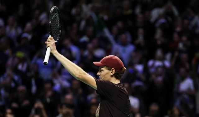 (251103) -- PARIS, Nov. 3, 2025 (Xinhua) -- Jannik Sinner celebrates his victory after the final match between Jannik Sinner of Italy and Felix Auger-Aliassime of Canada at the Paris ATP Masters 1000 tennis tournament at Paris La Defense Arena in Paris, France, on Nov. 2, 2025. (Xinhua/Gao Jing)