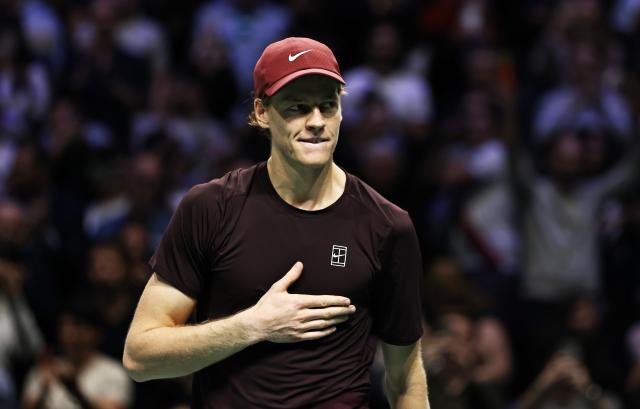 (251103) -- PARIS, Nov. 3, 2025 (Xinhua) -- Jannik Sinner celebrates his victory after the final match between Jannik Sinner of Italy and Felix Auger-Aliassime of Canada at the Paris ATP Masters 1000 tennis tournament at Paris La Defense Arena in Paris, France, on Nov. 2, 2025. (Xinhua/Gao Jing)