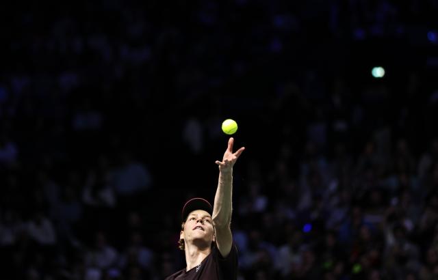 (251103) -- PARIS, Nov. 3, 2025 (Xinhua) -- Jannik Sinner serves during the final match between Jannik Sinner of Italy and Felix Auger-Aliassime of Canada at the Paris ATP Masters 1000 tennis tournament at Paris La Defense Arena in Paris, France, on Nov. 2, 2025. (Xinhua/Gao Jing)