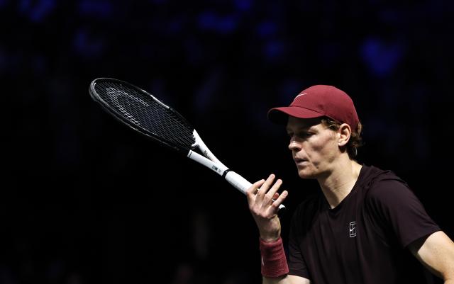 (251103) -- PARIS, Nov. 3, 2025 (Xinhua) -- Jannik Sinner reacts during the final match between Jannik Sinner of Italy and Felix Auger-Aliassime of Canada at the Paris ATP Masters 1000 tennis tournament at Paris La Defense Arena in Paris, France, on Nov. 2, 2025. (Xinhua/Gao Jing)