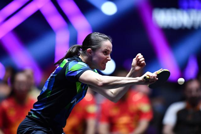 (251103) -- MONTPELLIER, Nov. 3, 2025 (Xinhua) -- Sabine Winter of Germany hits a return during the women's singles final against Wang Yidi of China at the WTT Champions Montpellier 2025 in Montpellier, France, on Nov. 2, 2025. (Xinhua/Lian Yi)
