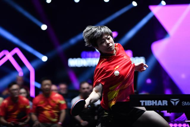 (251103) -- MONTPELLIER, Nov. 3, 2025 (Xinhua) -- Wang Yidi of China hits a return during the women's singles final against Sabine Winter of Germany at the WTT Champions Montpellier 2025 in Montpellier, France, on Nov. 2, 2025. (Xinhua/Lian Yi)