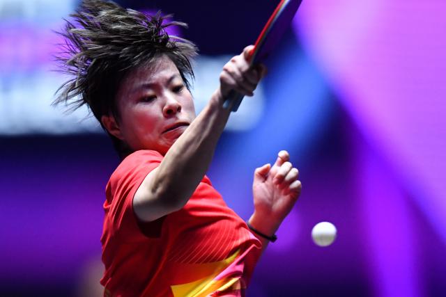 (251103) -- MONTPELLIER, Nov. 3, 2025 (Xinhua) -- Wang Yidi of China hits a return during the women's singles final against Sabine Winter of Germany at the WTT Champions Montpellier 2025 in Montpellier, France, on Nov. 2, 2025. (Xinhua/Lian Yi)