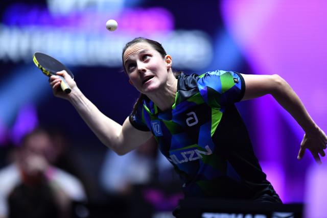 (251103) -- MONTPELLIER, Nov. 3, 2025 (Xinhua) -- Sabine Winter of Germany serves during the women's singles final against Wang Yidi of China at the WTT Champions Montpellier 2025 in Montpellier, France, on Nov. 2, 2025. (Xinhua/Lian Yi)