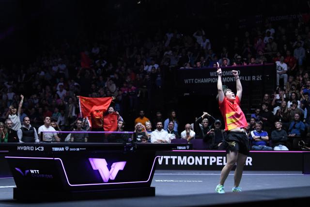 (251103) -- MONTPELLIER, Nov. 3, 2025 (Xinhua) -- Gold medalist Wang Yidi of China celebrates after defeating Sabine Winter of Germany during the women's singles final at the WTT Champions Montpellier 2025 in Montpellier, France, on Nov. 2, 2025. (Xinhua/Lian Yi)