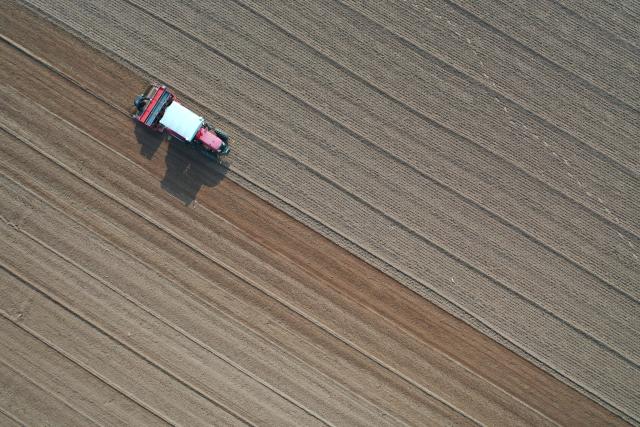(251103) -- BEIJING, Nov. 3, 2025 (Xinhua) -- An aerial drone photo shows a farmer sowing wheat in a field in Jiaozuo City, central China's Henan Province, Nov. 3, 2025. As of October 30, over 90% of the autumn grain have been harvested and over 25% of the winter wheat have been sowed across the country. (Photo by Xu Hongxing/Xinhua)