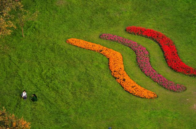 (251104) -- BEIJING, Nov. 4, 2025 (Xinhua) -- An aerial drone photo shows tourists taking photos at Songjiacheng sports and leisure park in Yangzhou, east China's Jiangsu Province, Nov. 3, 2025. (Photo by Meng Delong/Xinhua)