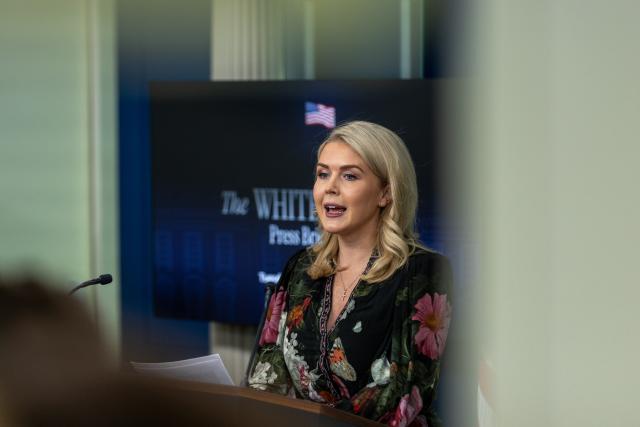 (251104) -- WASHINGTON, Nov. 4, 2025 (Xinhua) -- White House Press Secretary Karoline Leavitt speaks during a press briefing at the White House in Washington, D.C., the United States, Nov. 4, 2025. (Xinhua/Hu Yousong)