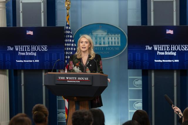 (251104) -- WASHINGTON, Nov. 4, 2025 (Xinhua) -- White House Press Secretary Karoline Leavitt speaks during a press briefing at the White House in Washington, D.C., the United States, Nov. 4, 2025. (Xinhua/Hu Yousong)