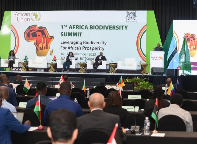 (251104) -- GABORONE, Nov. 4, 2025 (Xinhua) -- African Union Commissioner for Agriculture, Rural Development, Blue Economy and Sustainable Environment Moses Vilakati (at the podium) speaks at the first Africa Biodiversity Summit's Ministerial Segment in Gaborone, Botswana, Nov. 4, 2025. The African Union (AU) on Tuesday urged its members to take "decisive action" to conserve nature for the continent's survival and prosperity. (Photo by Tshekiso Tebalo/Xinhua)