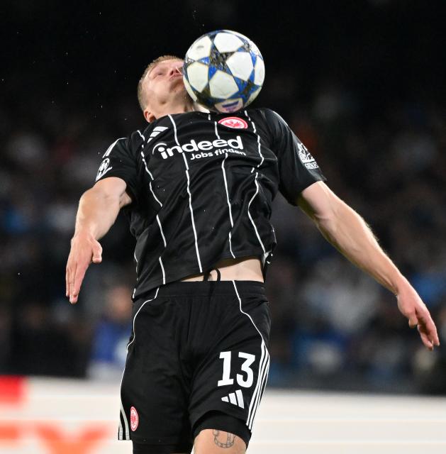 (251105) -- NAPLES, Nov. 5, 2025 (Xinhua) -- Frankfurt's Rasmus Kristensen competes during the UEFA Champions League football match between Napoli and Frankfurt in Naples, Italy, on Nov. 4, 2025. (Photo by Alberto Lingria/Xinhua)
