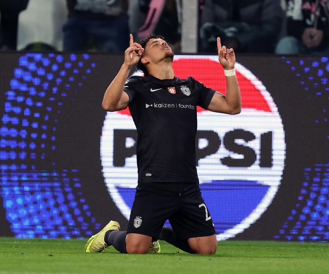 (251105) -- TURIN, Nov. 5, 2025 (Xinhua) -- Sporting's Maximiliano Araujo celebrates his goal during the UEFA Champions League football match between Juventus and Sporting in Turin, Italy, Nov. 4, 2025. (Xinhua)
