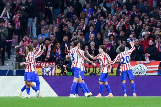 (251105) -- MADRID, Nov. 5, 2025 (Xinhua) -- Players of Atletico de Madrid celebrate a goal during the UEFA Champions League football match between Atletico de Madrid and Union Saint-Gilloise in Madrid, Spain, on Nov. 4, 2025. (Photo by Gustavo Valiente/Xinhua)
