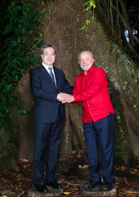 (251105) -- BELEM, Nov. 5, 2025 (Xinhua) -- Chinese Vice Premier Ding Xuexiang, also a member of the Standing Committee of the Political Bureau of the Communist Party of China (CPC) Central Committee, meets with Brazilian President Luiz Inacio Lula da Silva in Belem, Brazil, Nov. 5, 2025. (Xinhua/Liu Bin)