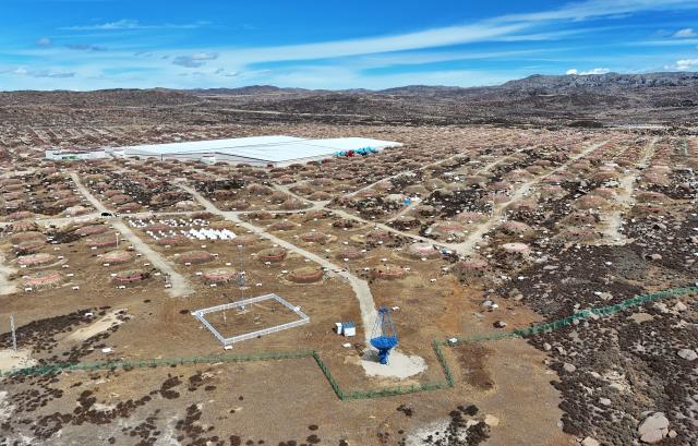(251106) -- DAOCHENG, Nov. 6, 2025 (Xinhua) -- An aerial drone photo taken on Oct. 28, 2025 shows a view of the Large High Altitude Air Shower Observatory (LHAASO) in Daocheng County, Ganzi Tibetan Autonomous Prefecture, southwest China's Sichuan Province. LHAASO, located at an altitude of 4,410 meters on Mount Haizi in Daocheng County, began regular operations in July 2021. It has since been recognized as a leading international facility with the world's highest sensitivity and accuracy for gamma-ray and cosmic-ray detection. (Xinhua/Liu Kun)