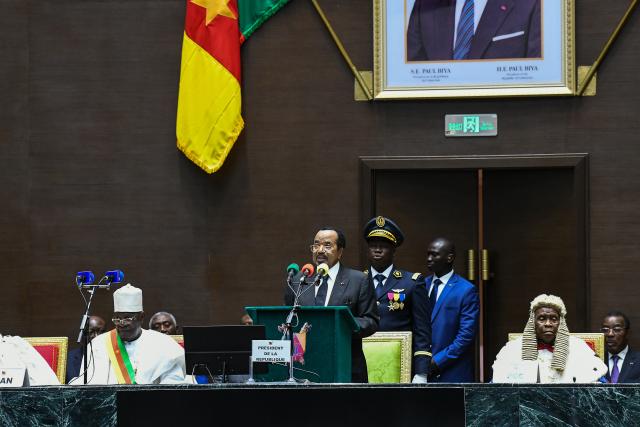 (251106) -- YAOUNDE, Nov. 6, 2025 (Xinhua) -- Cameroonian President Paul Biya (C) speaks during the sworn in ceremony in Yaounde, capital of Cameroon, Nov. 6, 2025. Cameroonian President Paul Biya was sworn in on Thursday for a new seven-year term after winning 53.66 percent of the vote in the country's Oct. 12 presidential election. (Xinhua/Kepseu)