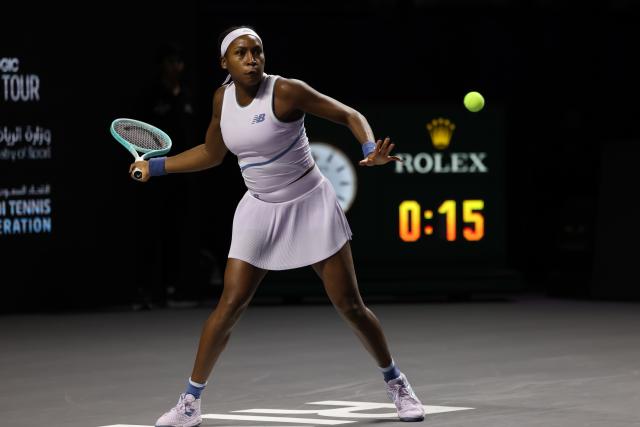 (251107) -- RIYADH, Nov. 7, 2025 (Xinhua) -- Coco Gauff of the United States returns a ball during the round robin match against Aryna Sabalenka of Belarus at WTA Finals tennis tournament in Riyadh, Saudi Arabia, Nov. 6, 2025. (Xinhua/Luo Chen)