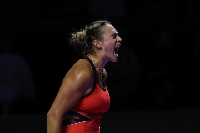 (251107) -- RIYADH, Nov. 7, 2025 (Xinhua) -- Aryna Sabalenka of Belarus reacts during the round robin match against Coco Gauff of the United States at WTA Finals tennis tournament in Riyadh, Saudi Arabia, Nov. 6, 2025. (Xinhua/Luo Chen)