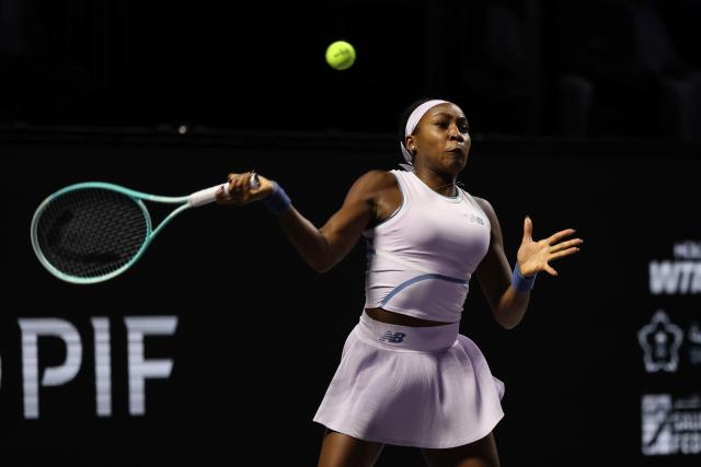 (251107) -- RIYADH, Nov. 7, 2025 (Xinhua) -- Coco Gauff of the United States returns a ball during the round robin match against Aryna Sabalenka of Belarus at WTA Finals tennis tournament in Riyadh, Saudi Arabia, Nov. 6, 2025. (Xinhua/Luo Chen)