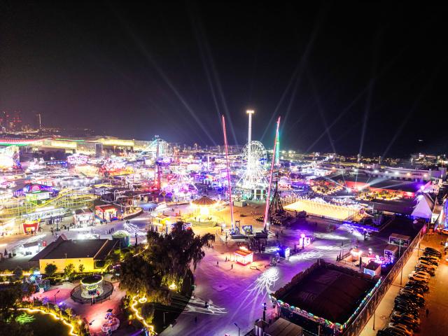 (251107) -- HAWALLI GOVERNORATE, Nov. 7, 2025 (Xinhua) -- An aerial drone photo shows a view of the "Winter Wonderland Kuwait" in Hawalli Governorate, Kuwait, Nov. 6, 2025. "Winter Wonderland Kuwait", one of the largest entertainment projects in the country, opened its fourth season here on Thursday. (Photo by Asad/Xinhua)