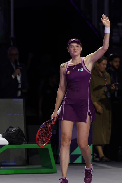 (251108) -- RIYADH, Nov. 8, 2025 (Xinhua) -- Elena Rybakina celebrates after winning the semifinal between Elena Rybakina of Kazakhstan and Jessica Pegula of the United States at WTA Finals tennis tournament in Riyadh, Saudi Arabia, Nov. 7, 2025. (Xinhua/Wang Haizhou)
