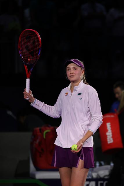 (251108) -- RIYADH, Nov. 8, 2025 (Xinhua) -- Elena Rybakina celebrates after winning the semifinal between Elena Rybakina of Kazakhstan and Jessica Pegula of the United States at WTA Finals tennis tournament in Riyadh, Saudi Arabia, Nov. 7, 2025. (Xinhua/Wang Haizhou)