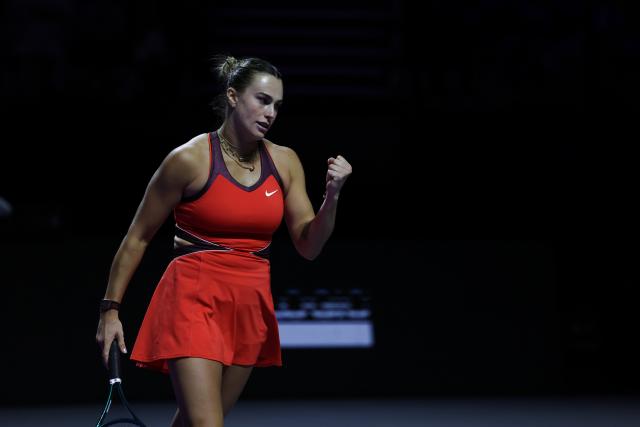 (251108) -- RIYADH, Nov. 8, 2025 (Xinhua) -- Aryna Sabalenka of Belarus reacts during the semifinal against Amanda Anisimova of the United States at WTA Finals tennis tournament in Riyadh, Saudi Arabia, Nov. 7, 2025. (Xinhua/Luo Chen)