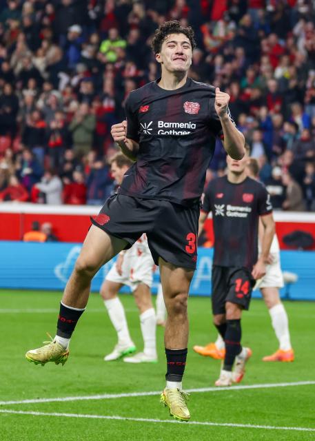 (251109) -- LEVERKUSEN, Nov. 9, 2025 (Xinhua) -- Ibrahim Maza of Bayer 04 Leverkusen celebrates a goal during the German first division of Bundesliga football match between Bayer 04 Leverkusen and 1. FC Heidenheim 1846 in Leverkusen, Germany, Nov. 8. 2025. (Photo by Joachim Bywaletz/Xinhua)