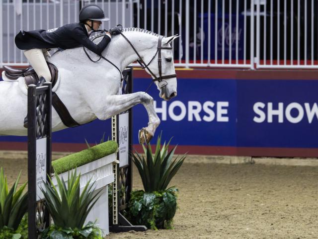 (251109) -- TORONTO, Nov. 9, 2025 (Xinhua) -- A rider competes at the 2025 Royal Horse Show in Toronto, Canada, on Nov. 8, 2025. With various equestrian-based competitions and shows, the annual event is held here from Nov. 7 to 16 this year. (Photo by Zou Zheng/Xinhua)