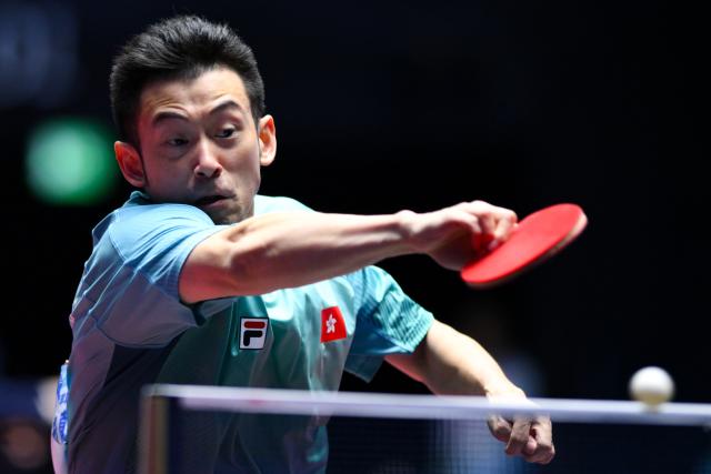 (251109) -- MACAO, Nov. 9, 2025 (Xinhua) -- Wong Chun Ting hits a return during the table tennis men's singles round of 32 match between Wong Chun Ting of Hong Kong and Zhao Zhaoyan of Shanghai at China's 15th National Games in Macao, south China, Nov. 9, 2025. (Xinhua/Cheong Kam Ka)