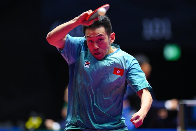 (251109) -- MACAO, Nov. 9, 2025 (Xinhua) -- Wong Chun Ting hits a return during the table tennis men's singles round of 32 match between Wong Chun Ting of Hong Kong and Zhao Zhaoyan of Shanghai at China's 15th National Games in Macao, south China, Nov. 9, 2025. (Xinhua/Cheong Kam Ka)