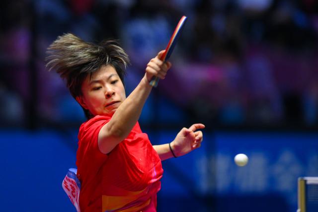 (251109) -- MACAO, Nov. 9, 2025 (Xinhua) -- Wang Yidi hits a return during the table tennis women's singles round of 32 match between Wang Yidi of Liaoning and Zhang Xiangyu of Beijing at China's 15th National Games in Macao, south China, Nov. 9, 2025. (Xinhua/Cheong Kam Ka)