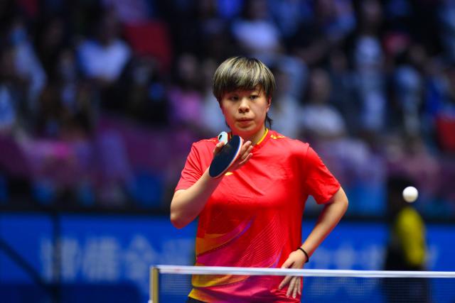 (251109) -- MACAO, Nov. 9, 2025 (Xinhua) -- Wang Yidi reacts during the table tennis women's singles round of 32 match between Wang Yidi of Liaoning and Zhang Xiangyu of Beijing at China's 15th National Games in Macao, south China, Nov. 9, 2025. (Xinhua/Cheong Kam Ka)