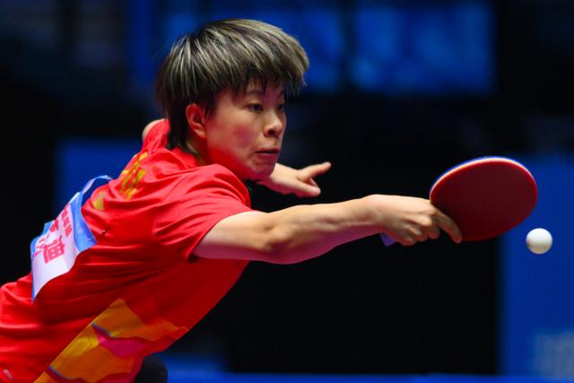 (251109) -- MACAO, Nov. 9, 2025 (Xinhua) -- Wang Yidi hits a return during the table tennis women's singles round of 32 match between Wang Yidi of Liaoning and Zhang Xiangyu of Beijing at China's 15th National Games in Macao, south China, Nov. 9, 2025. (Xinhua/Cheong Kam Ka)