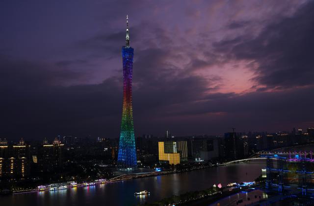 (251109) -- GUANGZHOU, Nov. 9, 2025 (Xinhua) -- This photo taken on Nov. 9, 2025 shows the Canton Tower in Guangzhou, south China's Guangdong Province. The opening ceremony of China's 15th National Games will be held on Sunday evening in Guangzhou. (Xinhua/Fu Tian)