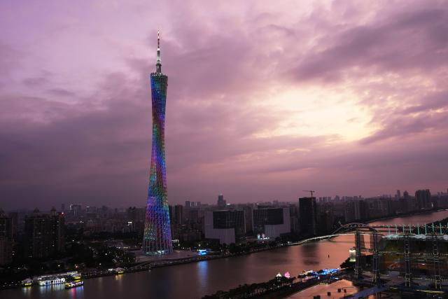 (251109) -- GUANGZHOU, Nov. 9, 2025 (Xinhua) -- This photo taken on Nov. 9, 2025 shows the Canton Tower in Guangzhou, south China's Guangdong Province. The opening ceremony of China's 15th National Games will be held on Sunday evening in Guangzhou. (Xinhua/Fu Tian)