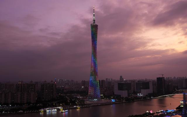 (251109) -- GUANGZHOU, Nov. 9, 2025 (Xinhua) -- This photo taken on Nov. 9, 2025 shows the Canton Tower in Guangzhou, south China's Guangdong Province. The opening ceremony of China's 15th National Games will be held on Sunday evening in Guangzhou. (Xinhua/Fu Tian)