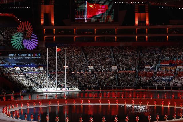 (251109) -- GUANGZHOU, Nov. 9, 2025 (Xinhua) -- The Chinese national flag is raised during the opening ceremony of China's 15th National Games in Guangzhou, south China's Guangdong Province, Nov. 9, 2025. (Xinhua/Huang Wei)