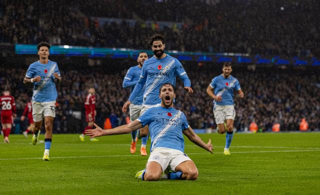 (251110) -- MANCHESTER, Nov. 10, 2025 (Xinhua) -- Manchester City's Nico Gonzalez (front) celebrates after scoring during the English Premier League match between Manchester City FC and Liverpool FC in Manchester, Britain, on Nov. 9, 2025. (Xinhua)
FOR EDITORIAL USE ONLY. NOT FOR SALE FOR MARKETING OR ADVERTISING CAMPAIGNS. NO USE WITH UNAUTHORIZED AUDIO, VIDEO, DATA, FIXTURE LISTS, CLUB/LEAGUE LOGOS OR "LIVE" SERVICES. ONLINE IN-MATCH USE LIMITED TO 45 IMAGES, NO VIDEO EMULATION. NO USE IN BETTING, GAMES OR SINGLE CLUB/LEAGUE/PLAYER PUBLICATIONS.