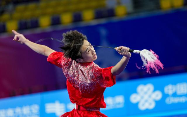 (251110) -- GUANGZHOU, Nov. 10, 2025 (Xinhua) -- Su Hongtao of Fujian competes during the men's Jianshu competition of Wushu Taolu team event at China's 15th National Games in Guangzhou, south China's Guangdong Province, Nov. 10, 2025. (Xinhua/Jigme Dorji)