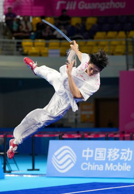 (251110) -- GUANGZHOU, Nov. 10, 2025 (Xinhua) -- Dou Zhengchun of Chongqing competes during the men's Jianshu competition of Wushu Taolu team event at China's 15th National Games in Guangzhou, south China's Guangdong Province, Nov. 10, 2025. (Xinhua/Jigme Dorji)