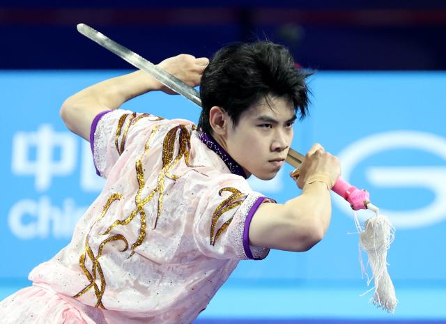 (251110) -- GUANGZHOU, Nov. 10, 2025 (Xinhua) -- Ren Shishuai of Hebei competes during the men's Jianshu competition of Wushu Taolu team event at China's 15th National Games in Guangzhou, south China's Guangdong Province, Nov. 10, 2025. (Xinhua/Yang Shiyao)