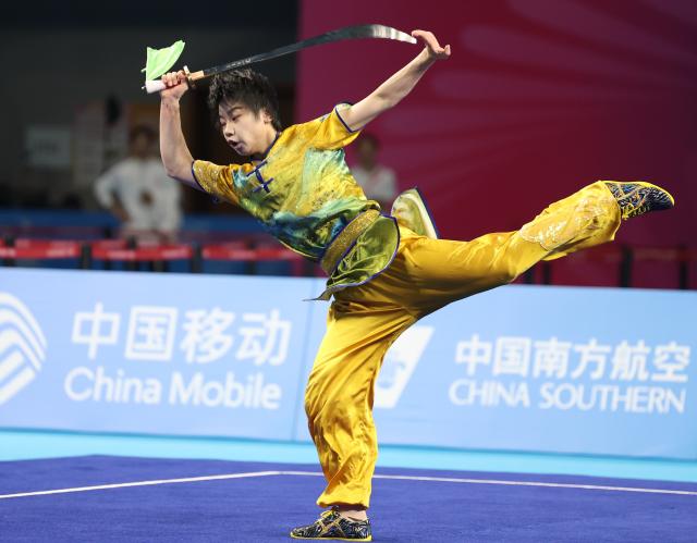 (251110) -- GUANGZHOU, Nov. 10, 2025 (Xinhua) -- Liu Xin of Jilin competes during the women's Daoshu competition of Wushu Taolu team event at China's 15th National Games in Guangzhou, south China's Guangdong Province, Nov. 10, 2025. (Xinhua/Yang Shiyao)