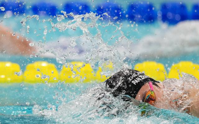 (251110) -- SHENZHEN, Nov. 10, 2025 (Xinhua) -- Pan Zhanle of Zhejiang competes during the men's 400m freestyle preliminary of swimming event at China's 15th National Games in Shenzhen, south China's Guangdong Province, Nov. 10, 2025. (Xinhua/Xia Yifang)