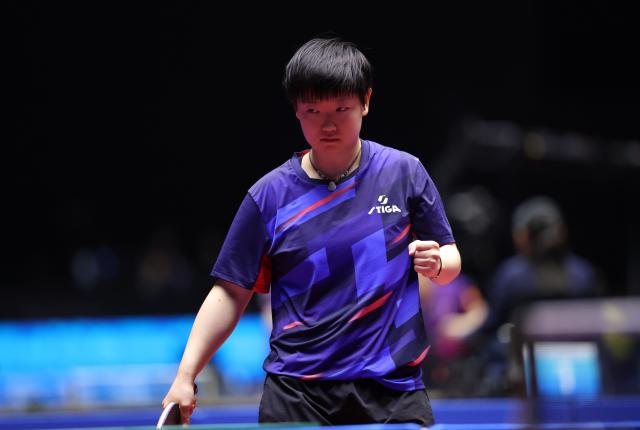 (251110) -- MACAO, Nov. 10, 2025 (Xinhua) -- Sun Yingsha celebrates scoring during the table tennis women's singles round of 32 match between Sun Yingsha of Hebei and Liu Weishan of Tianjin at China's 15th National Games in Macao, south China, Nov. 10, 2025. (Xinhua/Liang Xu)