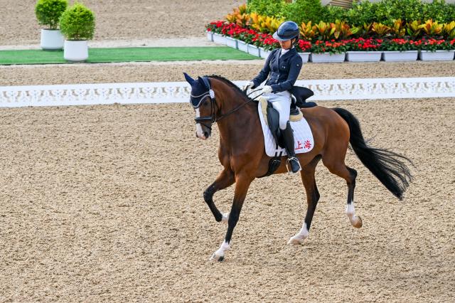 (251110) -- SHENZHEN, Nov. 10, 2025 (Xinhua) -- Xu Mofei of Shanghai competes during the equestrian dressage team final at China's 15th National Games in Shenzhen, south China's Guangdong Province, Nov. 10, 2025. (Xinhua/Lian Zhen)