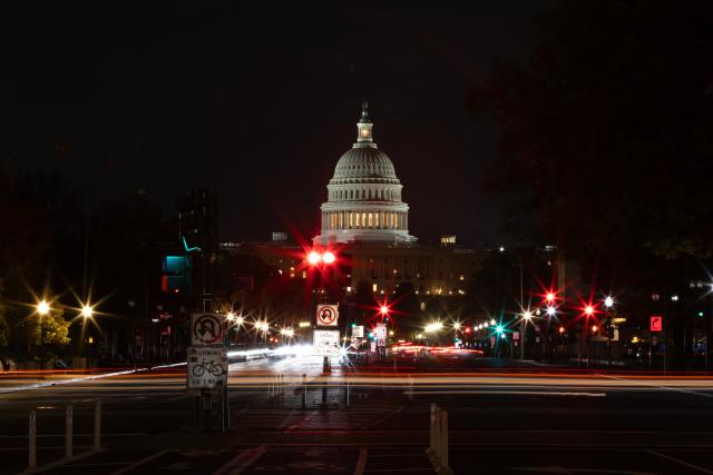 (251110) -- WASHINGTON, Nov. 10, 2025 (Xinhua) -- This photo taken on Nov. 9, 2025 shows the U.S. Capitol in Washington, D.C., the United States. The U.S. Senate on Sunday night advanced a bipartisan spending package in a bid to end the longest government shutdown, which has entered its 40th day and caused a series of escalating disruptions. (Xinhua/Hu Yousong)